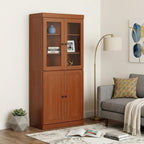 72" Coffee Solid Wood Adjustable Six Tier Library Bookcase with Four Doors