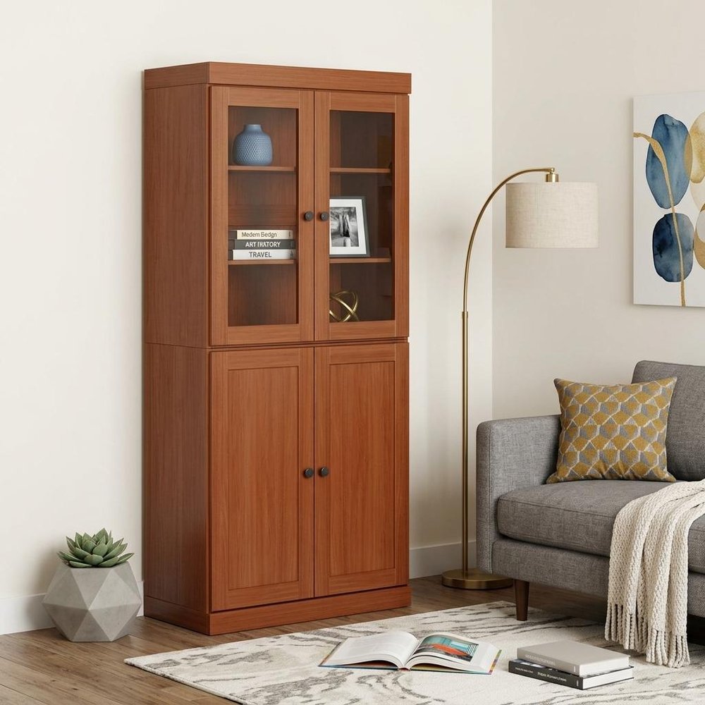 72" Coffee Solid Wood Adjustable Six Tier Library Bookcase with Four Doors