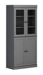72" Gray Solid Wood Adjustable Six Tier Library Bookcase with Four Doors