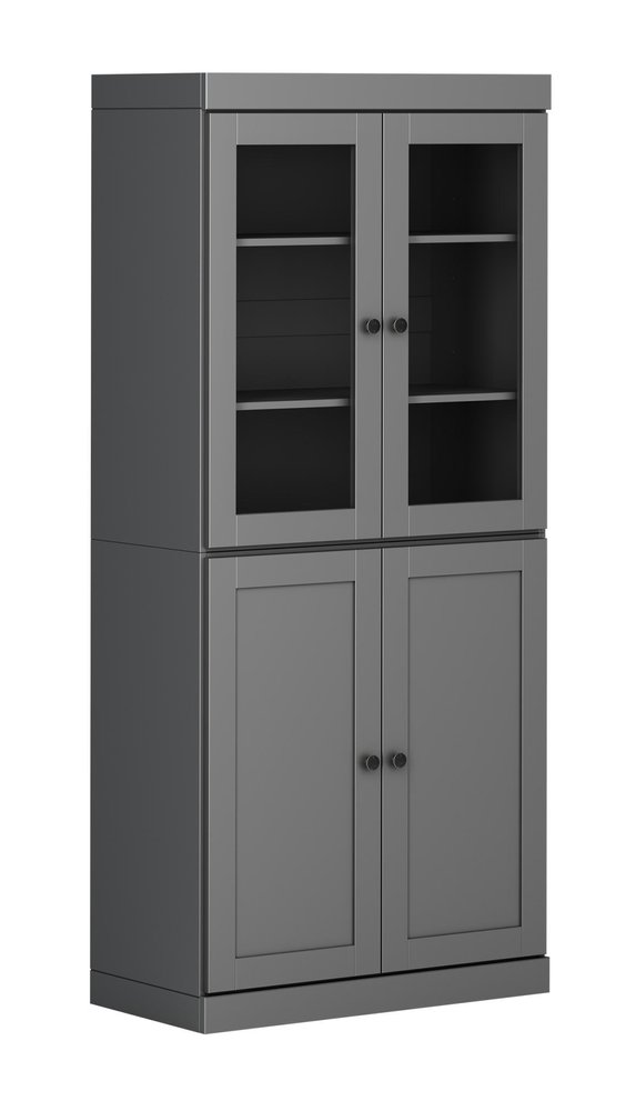 72" Gray Solid Wood Adjustable Six Tier Library Bookcase with Four Doors