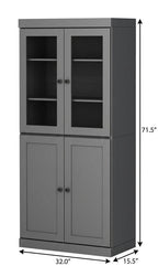 72" Gray Solid Wood Adjustable Six Tier Library Bookcase with Four Doors