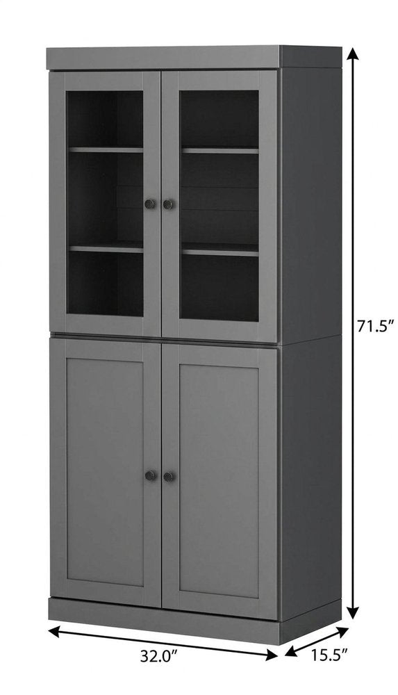 72" Gray Solid Wood Adjustable Six Tier Library Bookcase with Four Doors