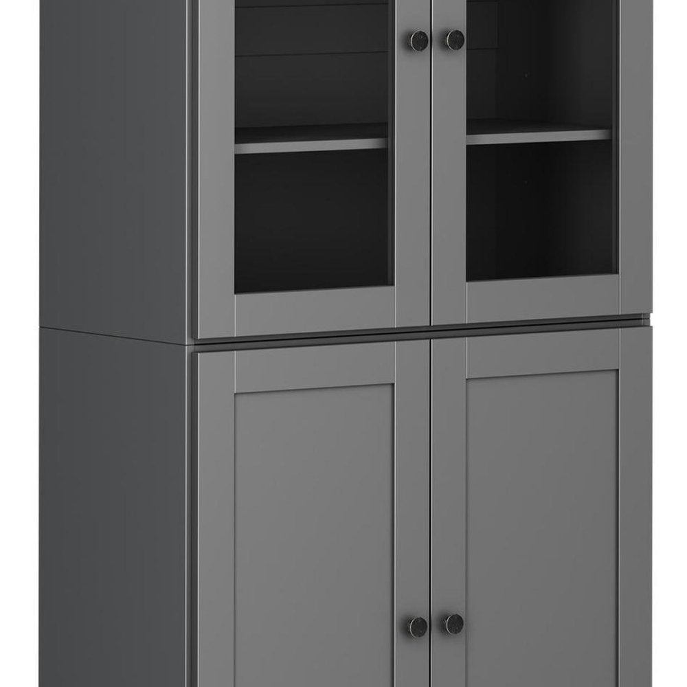 72" Gray Solid Wood Adjustable Six Tier Library Bookcase with Four Doors