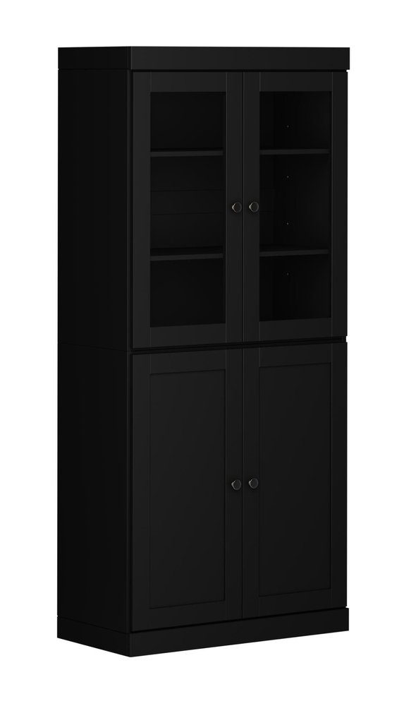72" Black Solid Wood Adjustable Six Tier Library Bookcase with Four Doors