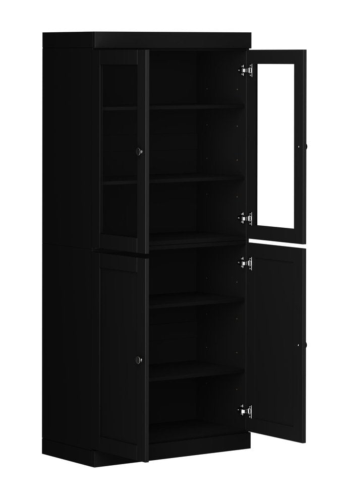 72" Black Solid Wood Adjustable Six Tier Library Bookcase with Four Doors
