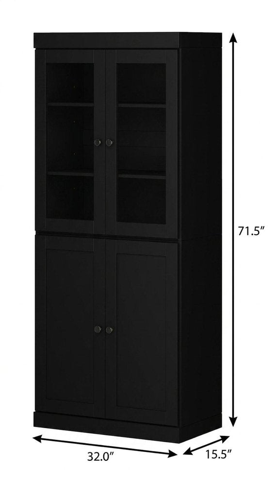 72" Black Solid Wood Adjustable Six Tier Library Bookcase with Four Doors