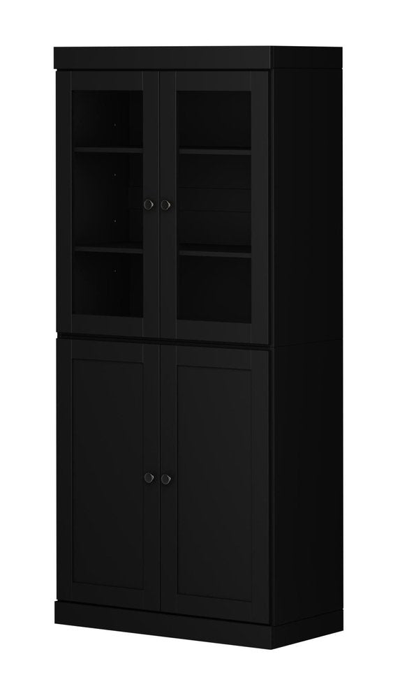 72" Black Solid Wood Adjustable Six Tier Library Bookcase with Four Doors