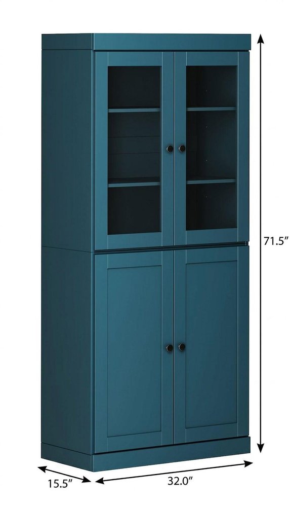 72" Teal Blue Solid Wood Adjustable Six Tier Library Bookcase with Four Doors