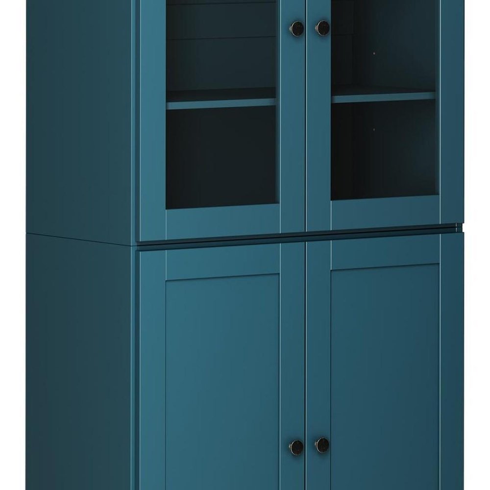 72" Teal Blue Solid Wood Adjustable Six Tier Library Bookcase with Four Doors