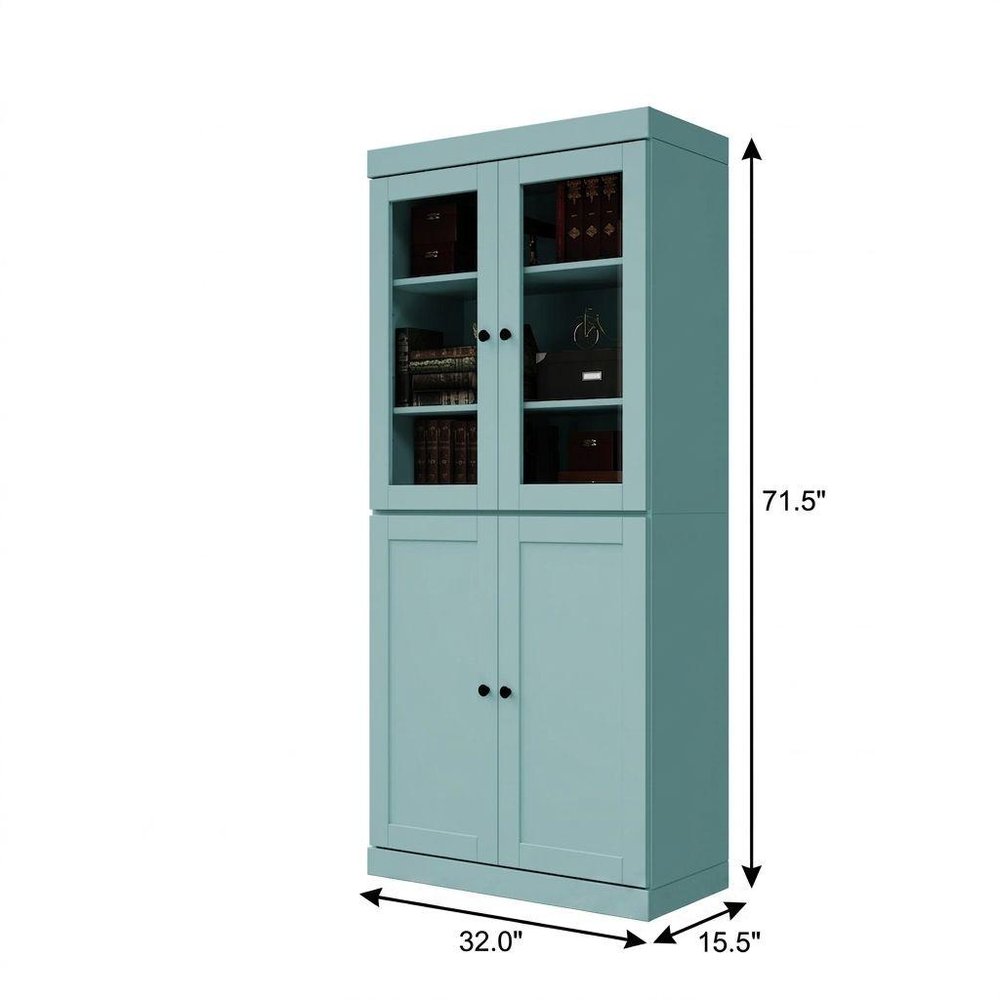 72" Aqua Solid Wood Adjustable Six Tier Library Bookcase with Four Doors