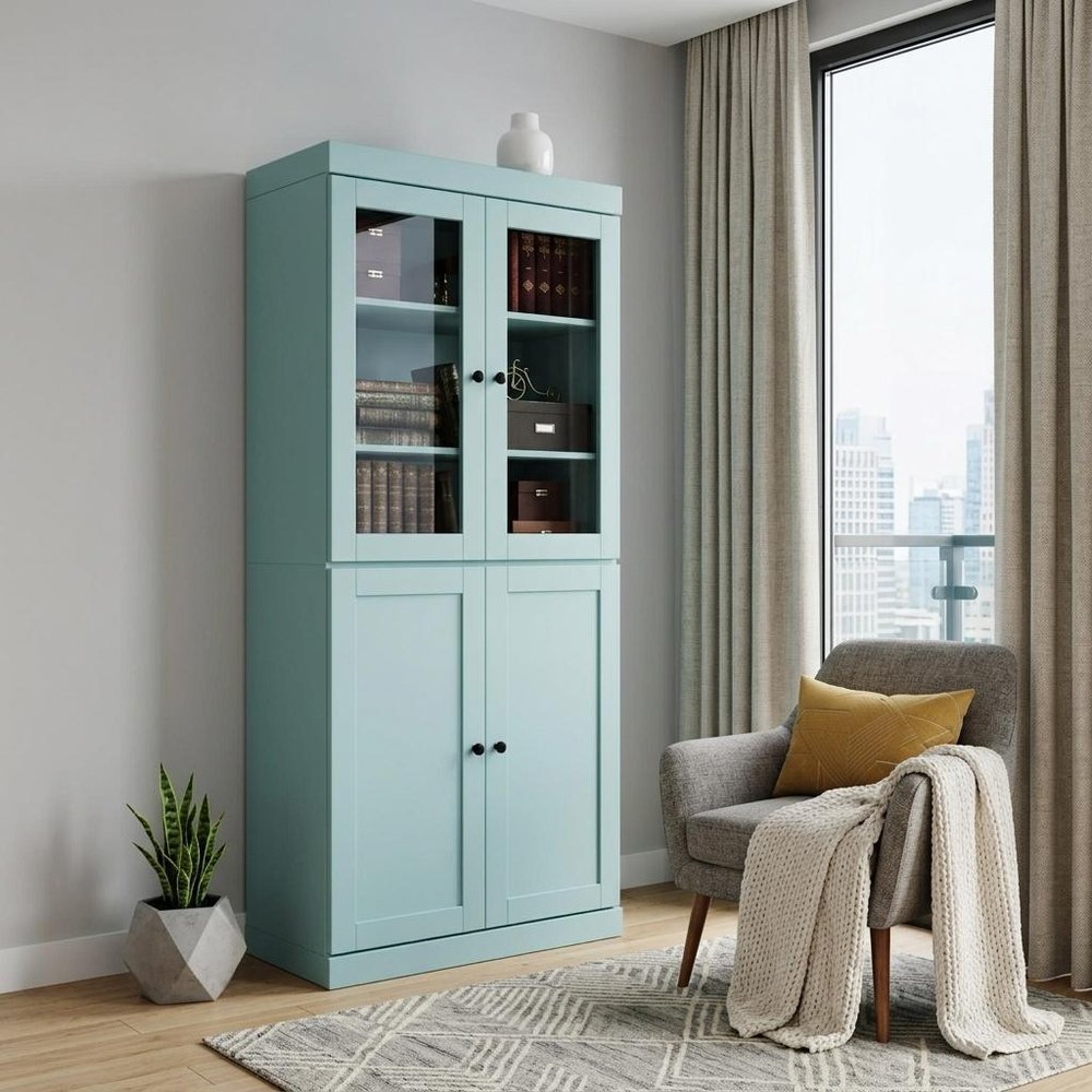 72" Aqua Solid Wood Adjustable Six Tier Library Bookcase with Four Doors