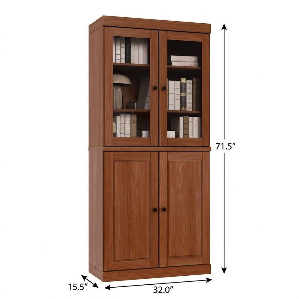 72" Coffee Solid Wood Adjustable Six Tier Library Bookcase with Four Doors