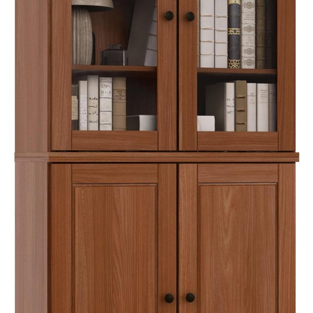 72" Coffee Solid Wood Adjustable Six Tier Library Bookcase with Four Doors