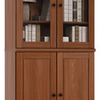 72" Coffee Solid Wood Adjustable Six Tier Library Bookcase with Four Doors