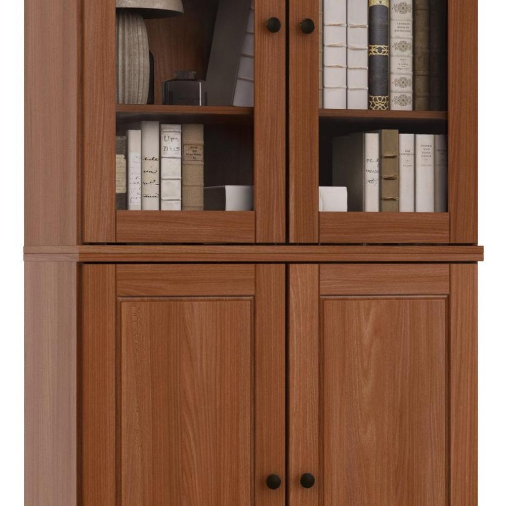 72" Coffee Solid Wood Adjustable Six Tier Library Bookcase with Four Doors