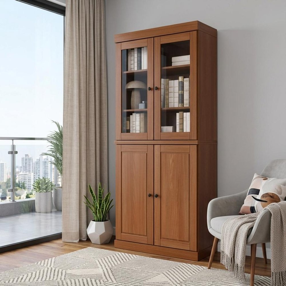 72" Coffee Solid Wood Adjustable Six Tier Library Bookcase with Four Doors