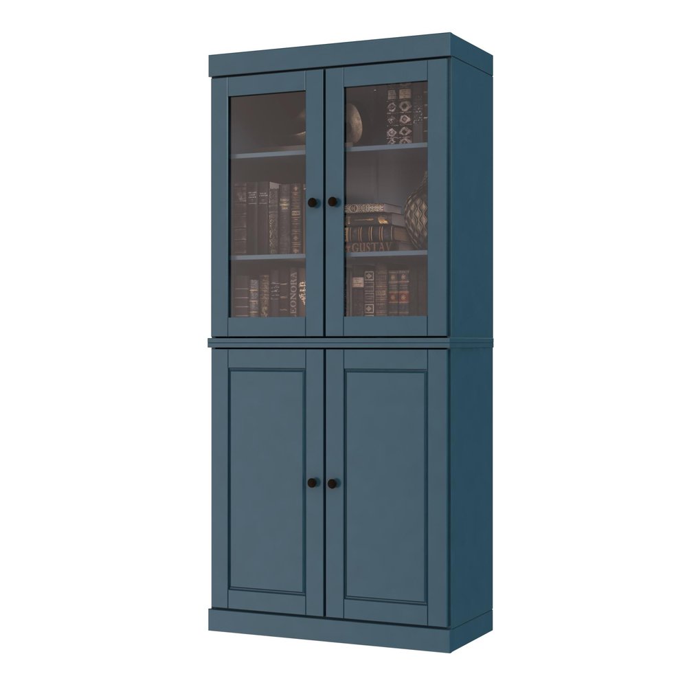72" Teal Blue Solid Wood Adjustable Six Tier Library Bookcase with Four Doors