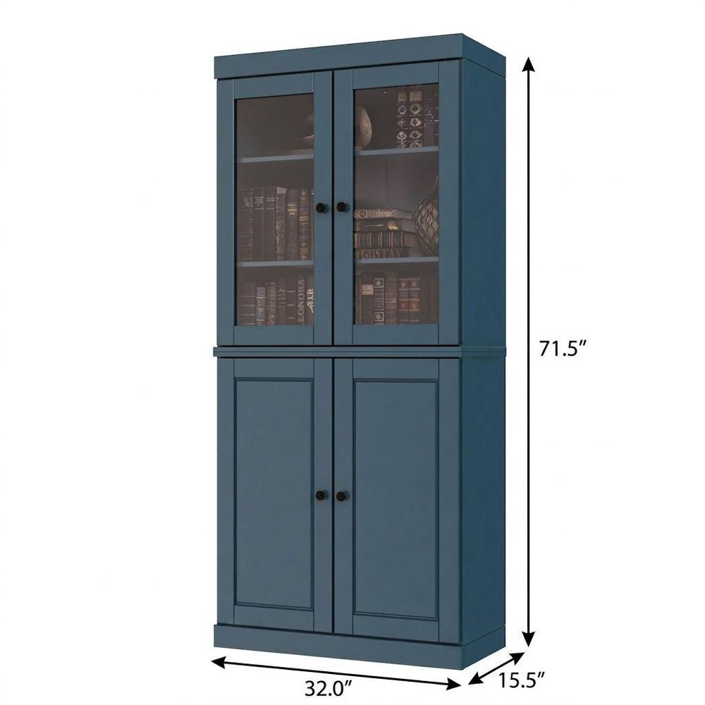 72" Teal Blue Solid Wood Adjustable Six Tier Library Bookcase with Four Doors