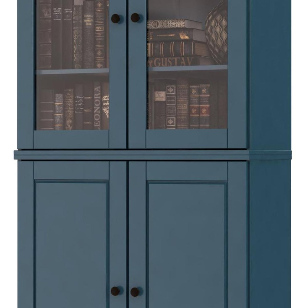72" Teal Blue Solid Wood Adjustable Six Tier Library Bookcase with Four Doors