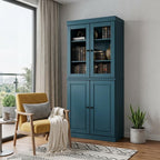 72" Teal Blue Solid Wood Adjustable Six Tier Library Bookcase with Four Doors