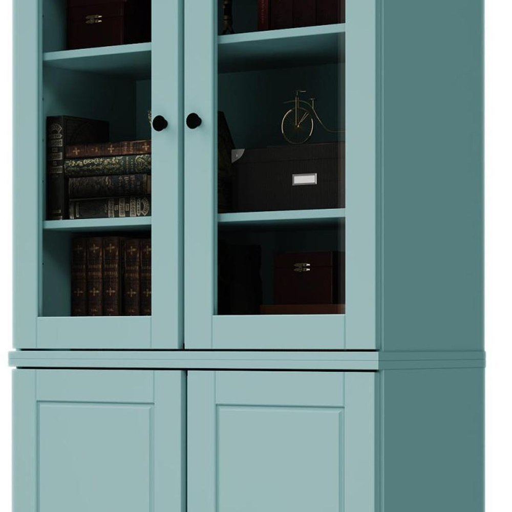 72" Aqua Solid Wood Adjustable Six Tier Library Bookcase with Four Doors