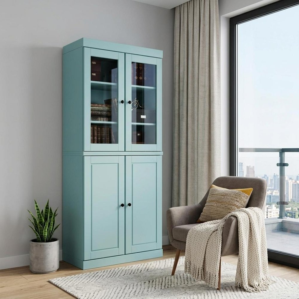 72" Aqua Solid Wood Adjustable Six Tier Library Bookcase with Four Doors