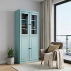 72" Aqua Solid Wood Adjustable Six Tier Library Bookcase with Four Doors