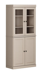 72" Beige Solid Wood Adjustable Six Tier Library Bookcase with Four Doors