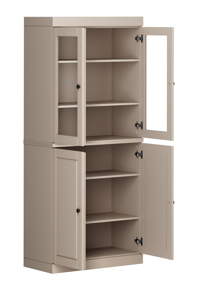 72" Beige Solid Wood Adjustable Six Tier Library Bookcase with Four Doors