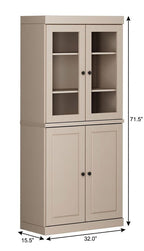72" Beige Solid Wood Adjustable Six Tier Library Bookcase with Four Doors