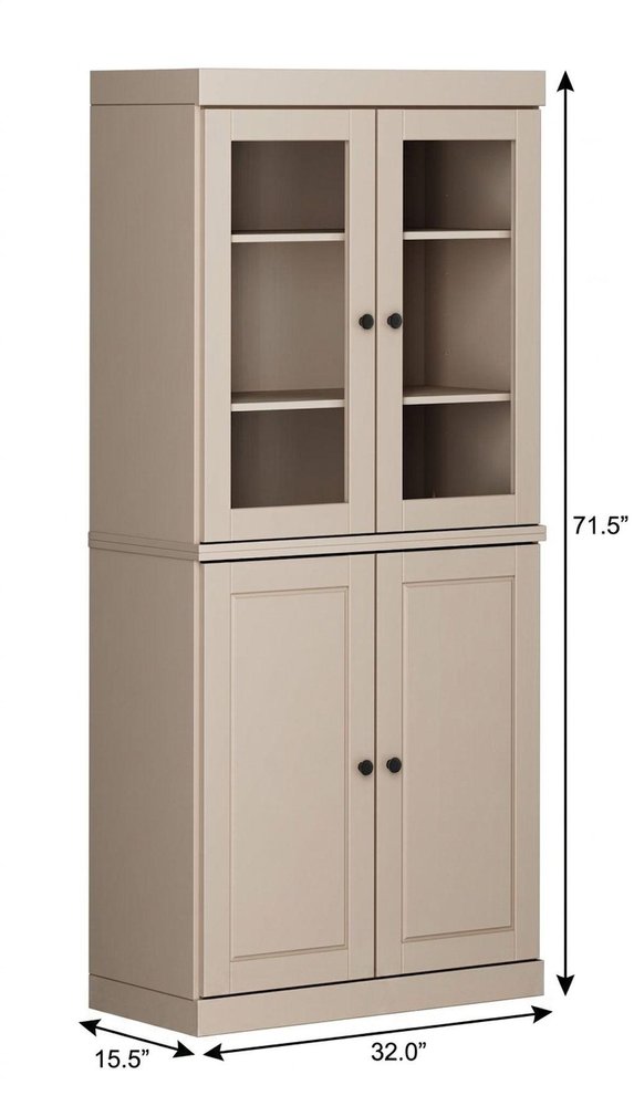72" Beige Solid Wood Adjustable Six Tier Library Bookcase with Four Doors