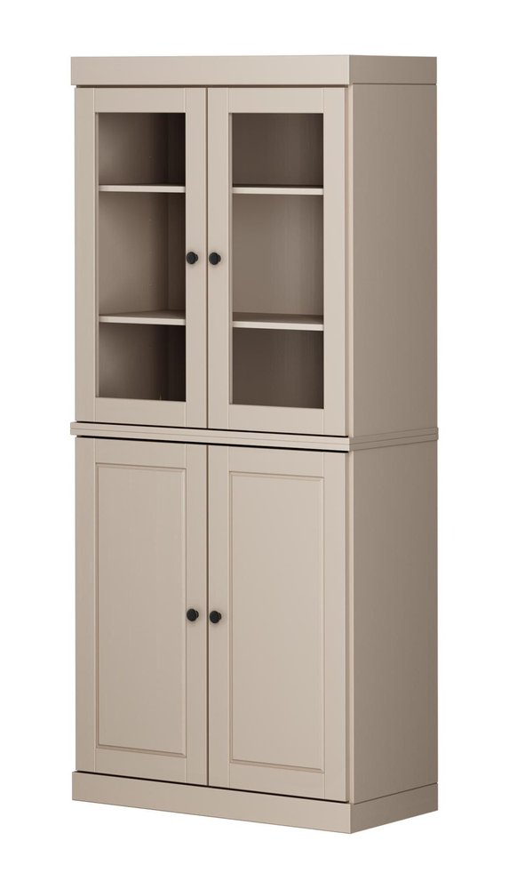 72" Beige Solid Wood Adjustable Six Tier Library Bookcase with Four Doors