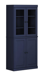 72" Navy Blue Solid Wood Adjustable Six Tier Library Bookcase with Four Doors