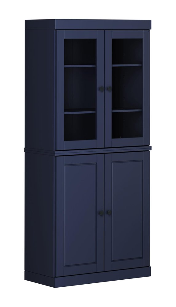 72" Navy Blue Solid Wood Adjustable Six Tier Library Bookcase with Four Doors