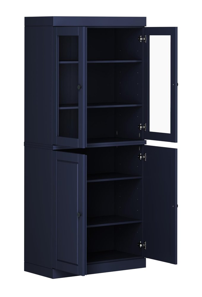 72" Navy Blue Solid Wood Adjustable Six Tier Library Bookcase with Four Doors