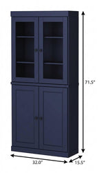 72" Navy Blue Solid Wood Adjustable Six Tier Library Bookcase with Four Doors