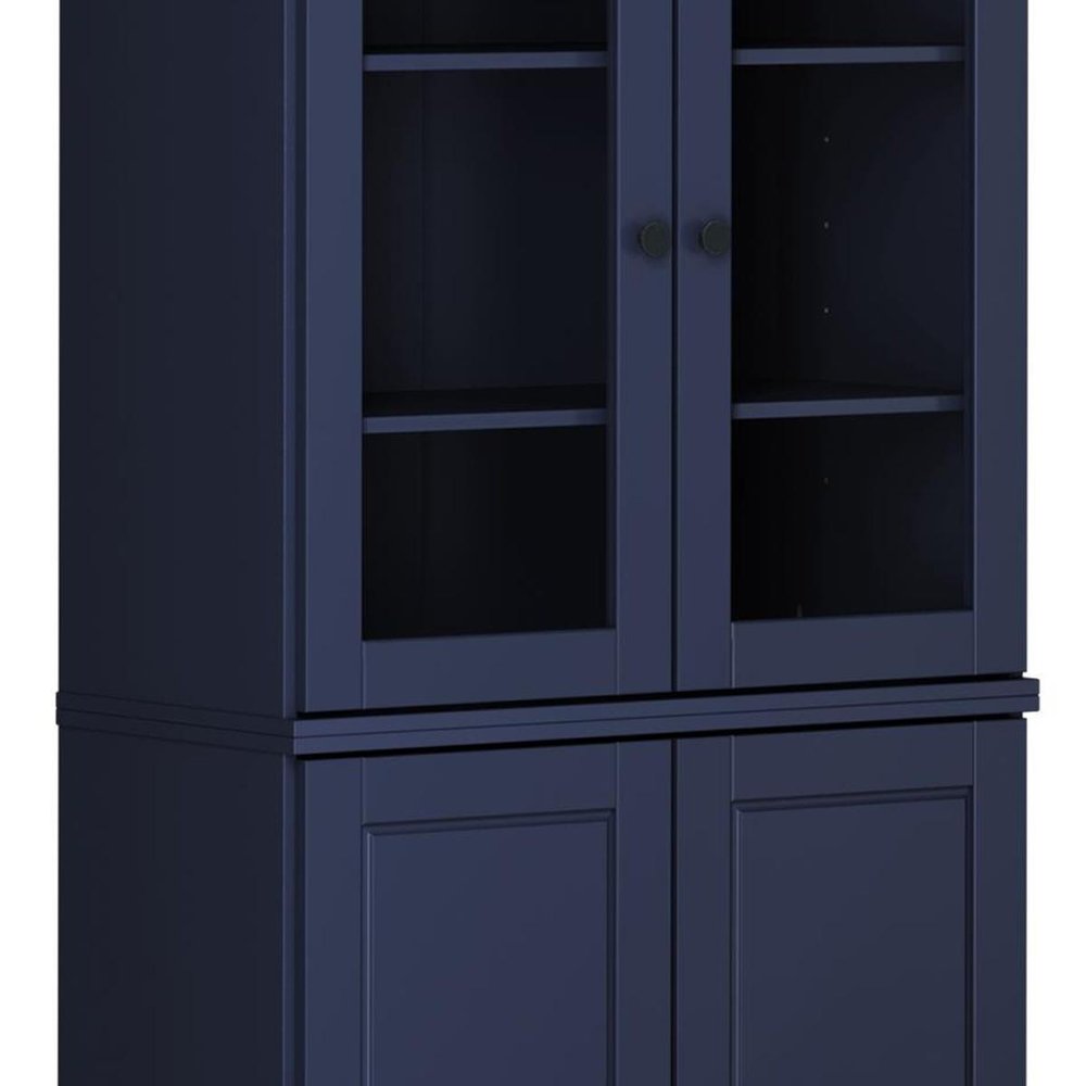 72" Navy Blue Solid Wood Adjustable Six Tier Library Bookcase with Four Doors