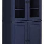 72" Navy Blue Solid Wood Adjustable Six Tier Library Bookcase with Four Doors