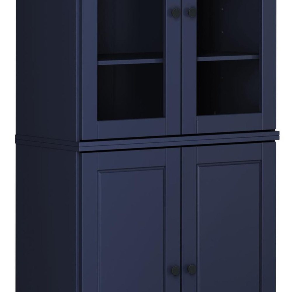 72" Navy Blue Solid Wood Adjustable Six Tier Library Bookcase with Four Doors