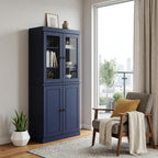 72" Navy Blue Solid Wood Adjustable Six Tier Library Bookcase with Four Doors