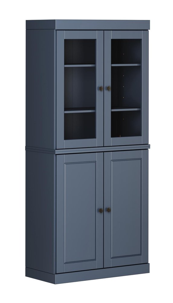 72" French Blue Solid Wood Adjustable Six Tier Library Bookcase with Four Doors