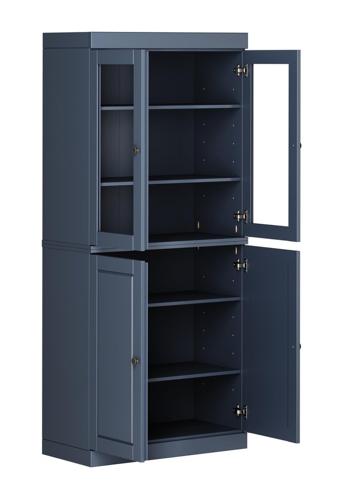 72" French Blue Solid Wood Adjustable Six Tier Library Bookcase with Four Doors
