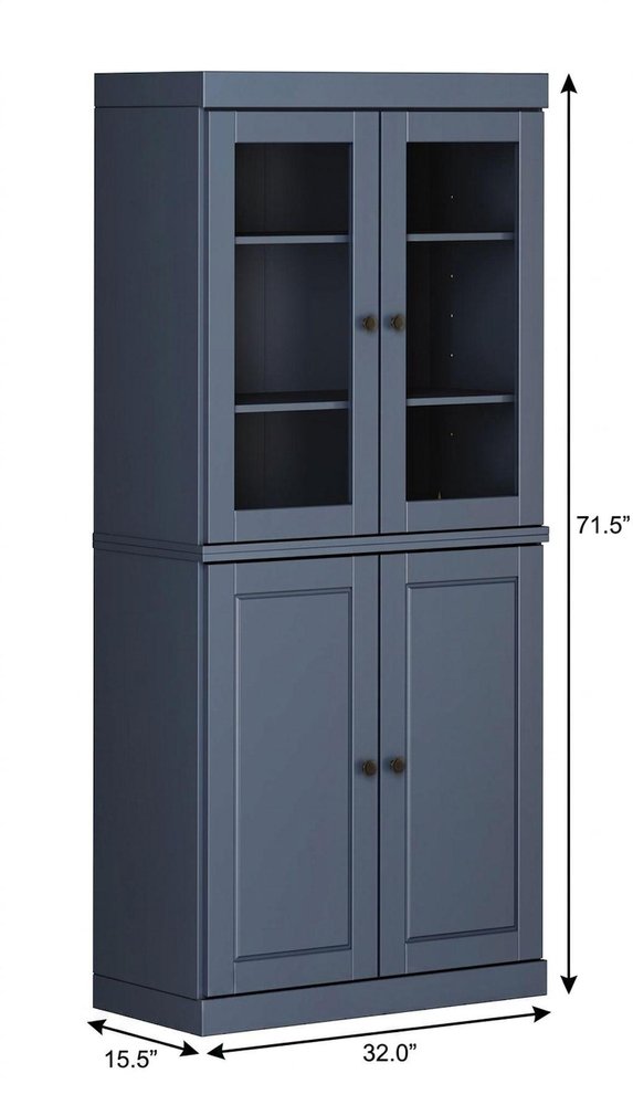 72" French Blue Solid Wood Adjustable Six Tier Library Bookcase with Four Doors