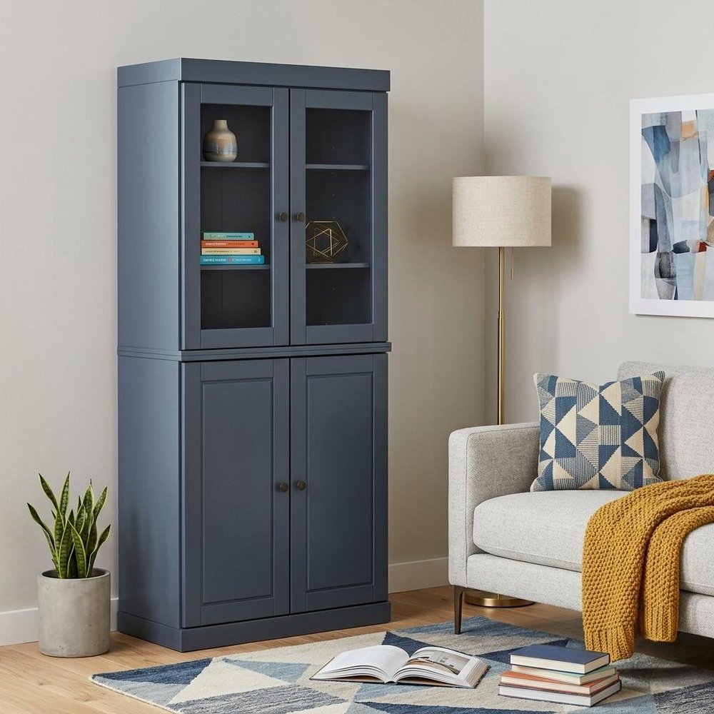 72" French Blue Solid Wood Adjustable Six Tier Library Bookcase with Four Doors