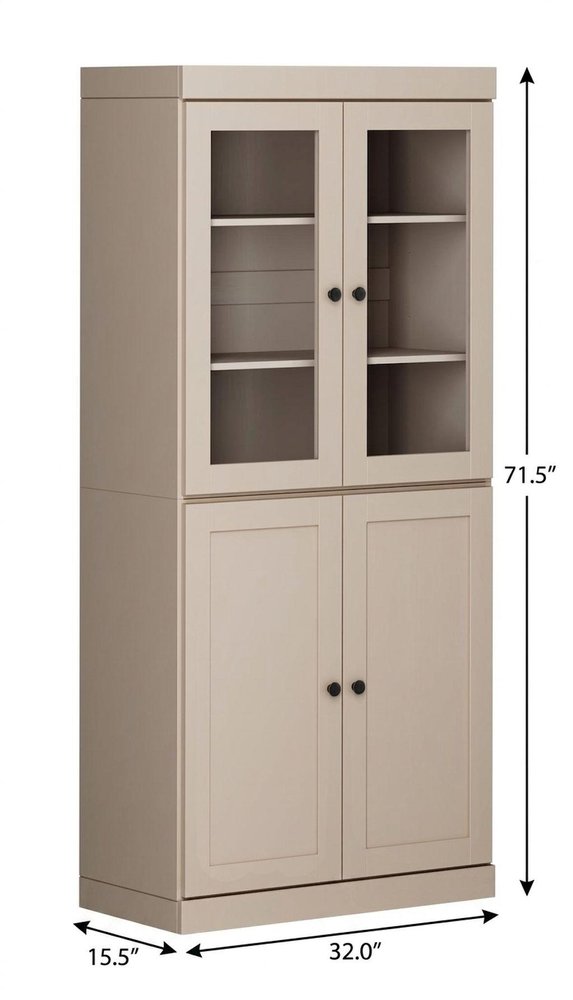 72" Beige Solid Wood Adjustable Six Tier Library Bookcase with Four Doors