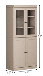 72" Beige Solid Wood Adjustable Six Tier Library Bookcase with Four Doors