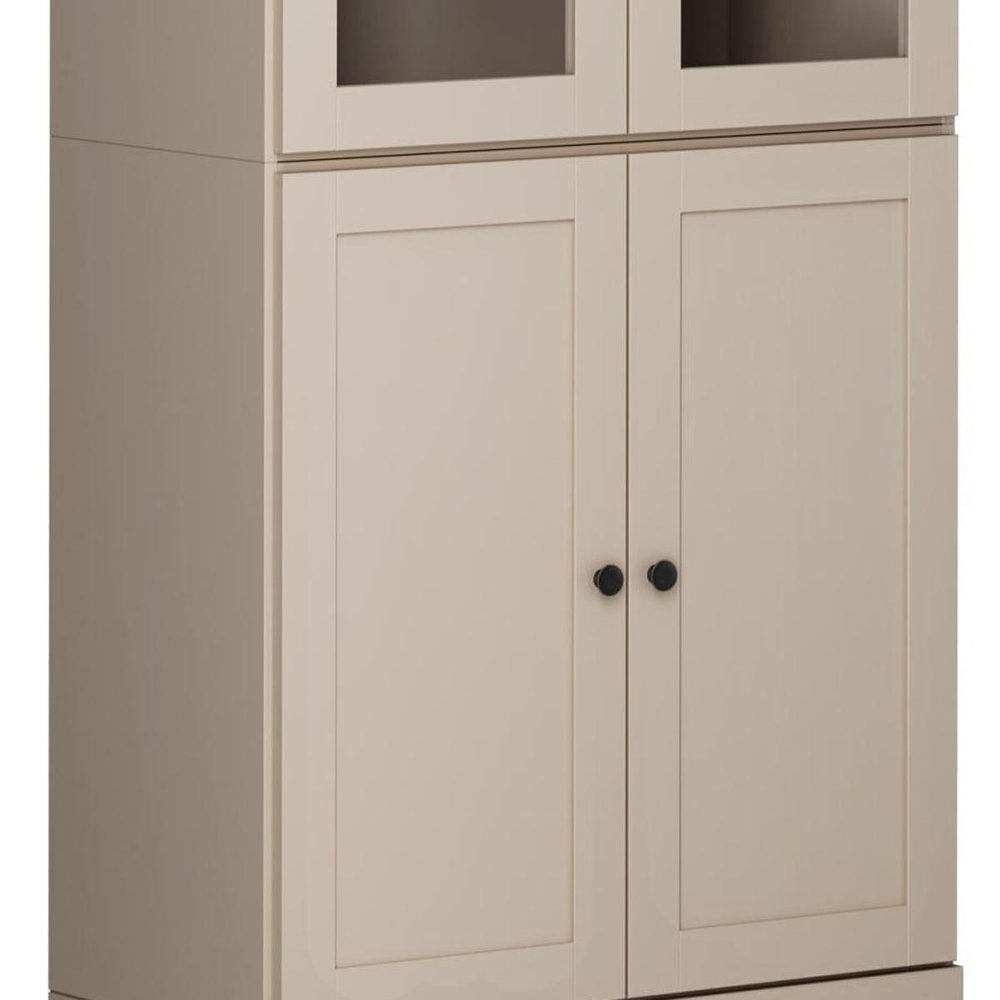 72" Beige Solid Wood Adjustable Six Tier Library Bookcase with Four Doors