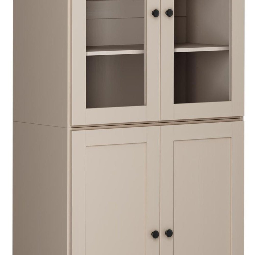 72" Beige Solid Wood Adjustable Six Tier Library Bookcase with Four Doors