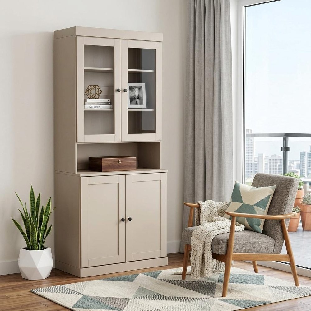 72" Beige Solid Wood Adjustable Six Tier Library Bookcase with Four Doors