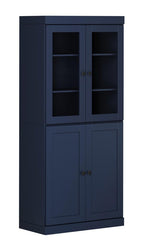 72" Navy Blue Solid Wood Adjustable Six Tier Library Bookcase with Four Doors